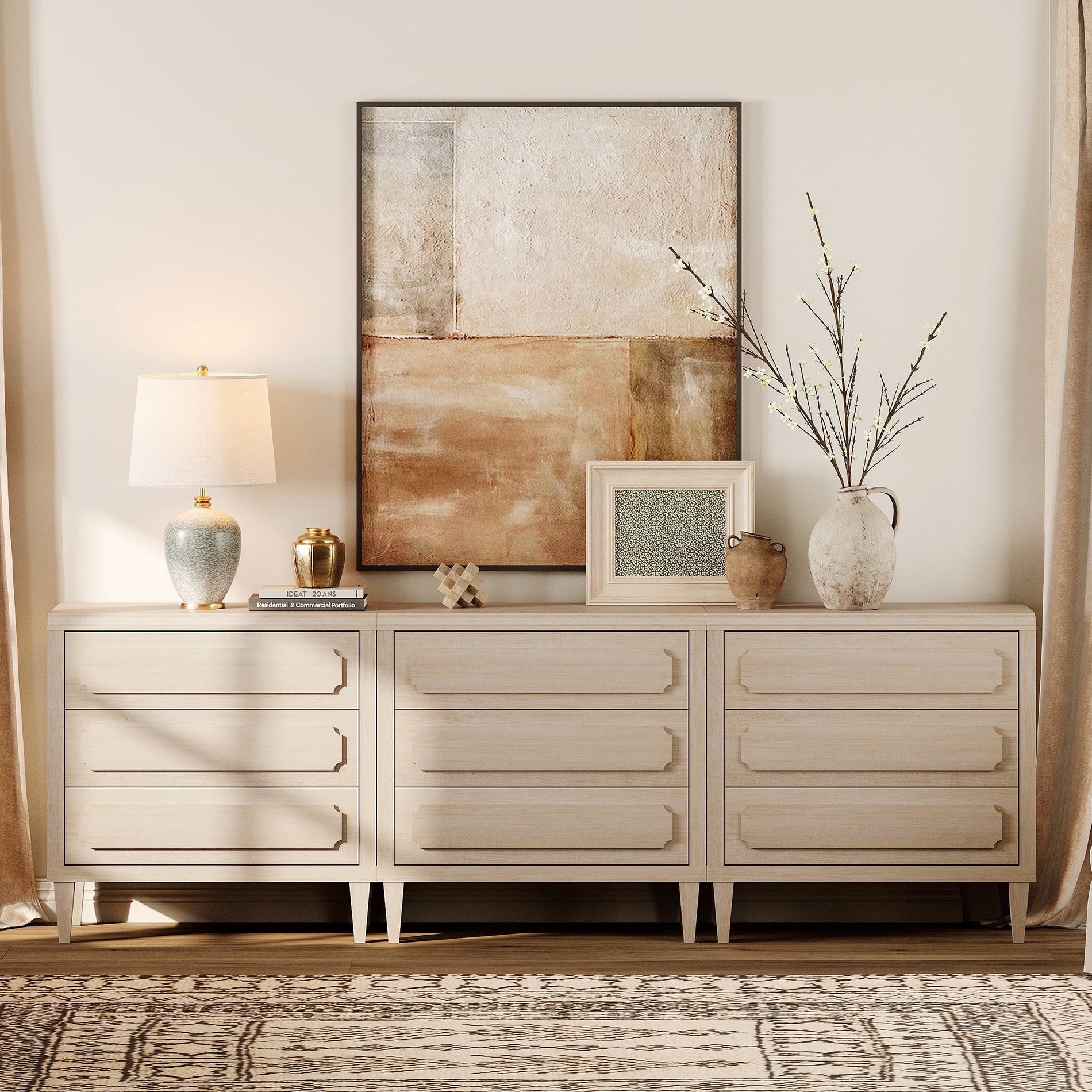 94.5" Modern Buffet Cabinet with Storage, Oak Kitchen Sideboard with Embossed Drawers, Light Oak