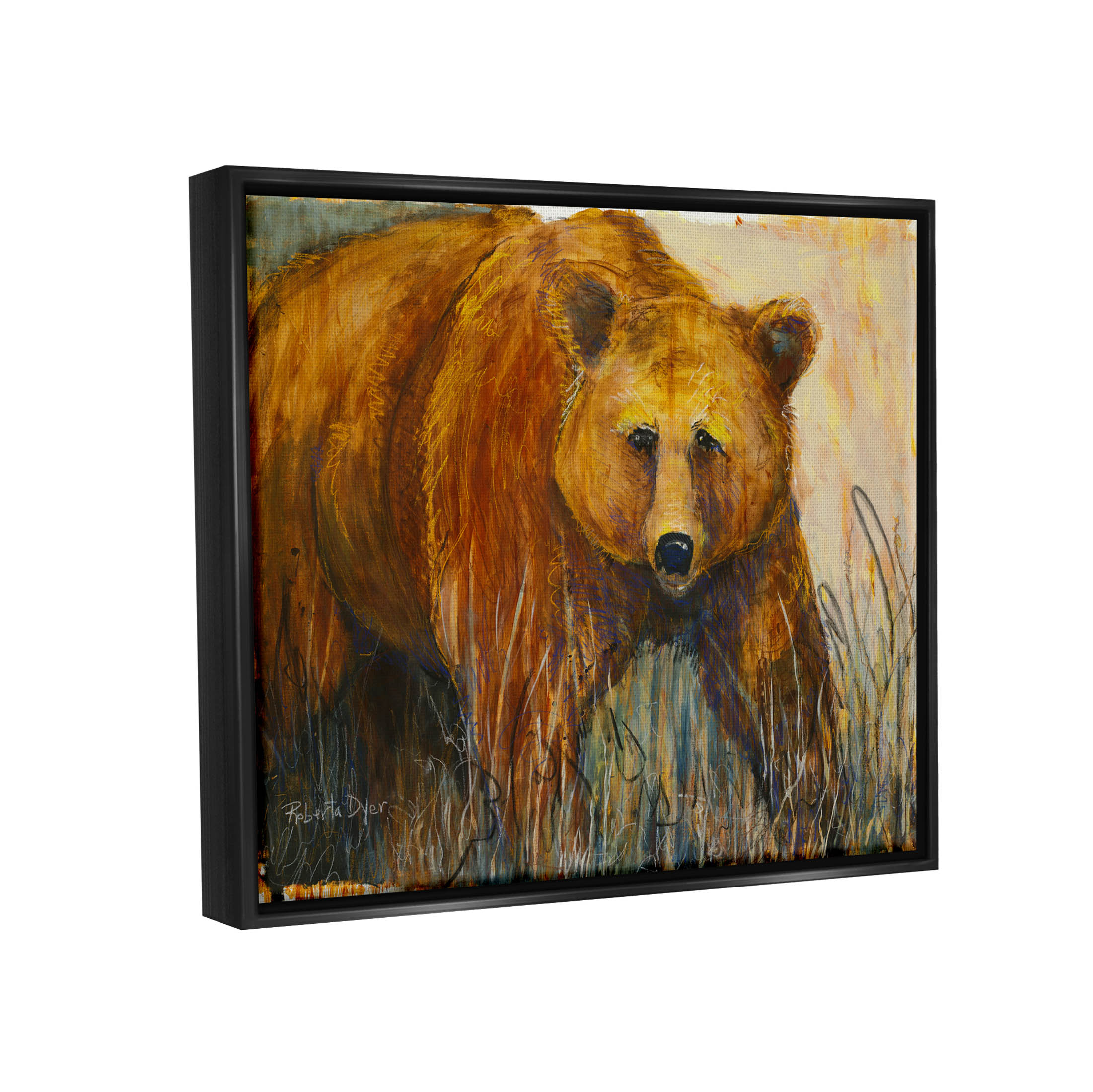 Stupell Industries Modern Bear Wildlife Scene Painting Jet Black Floating Framed Canvas Print Wall Art, Design by Roberta Dyer
