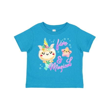 

Inktastic Five and Magical- Fifth Birthday Mermaid with Unicorn Horn Gift Toddler Boy or Toddler Girl T-Shirt