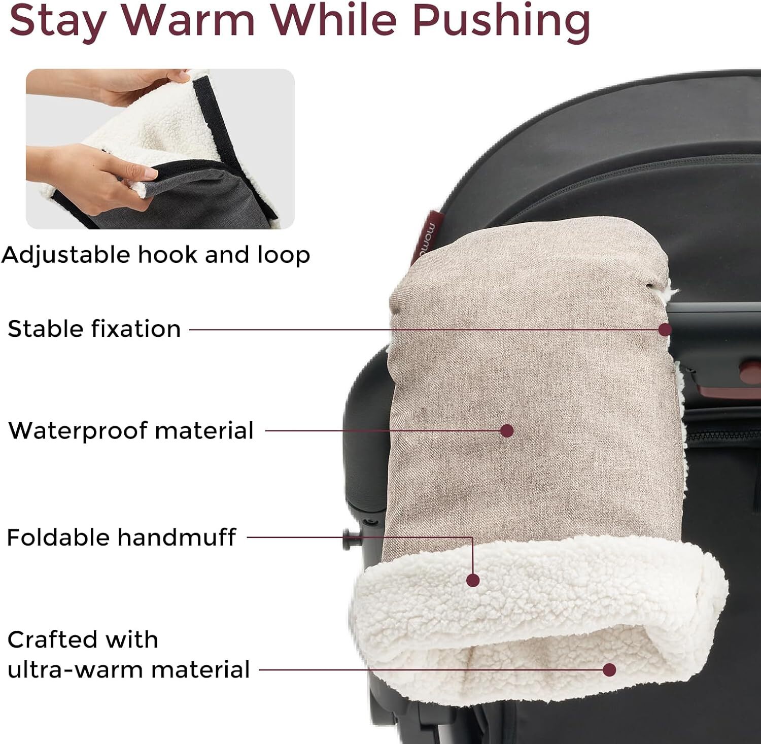 Momcozy Stroller Gloves Warmmuffs,Universal Winter Anti-Freeze Stroller Mittens,Winter Handmuff Stroller Accessories,Ultra-Plush,Weather-Proof,Foldable Adjustable,Shopping Golf Pet Cart, Khaki