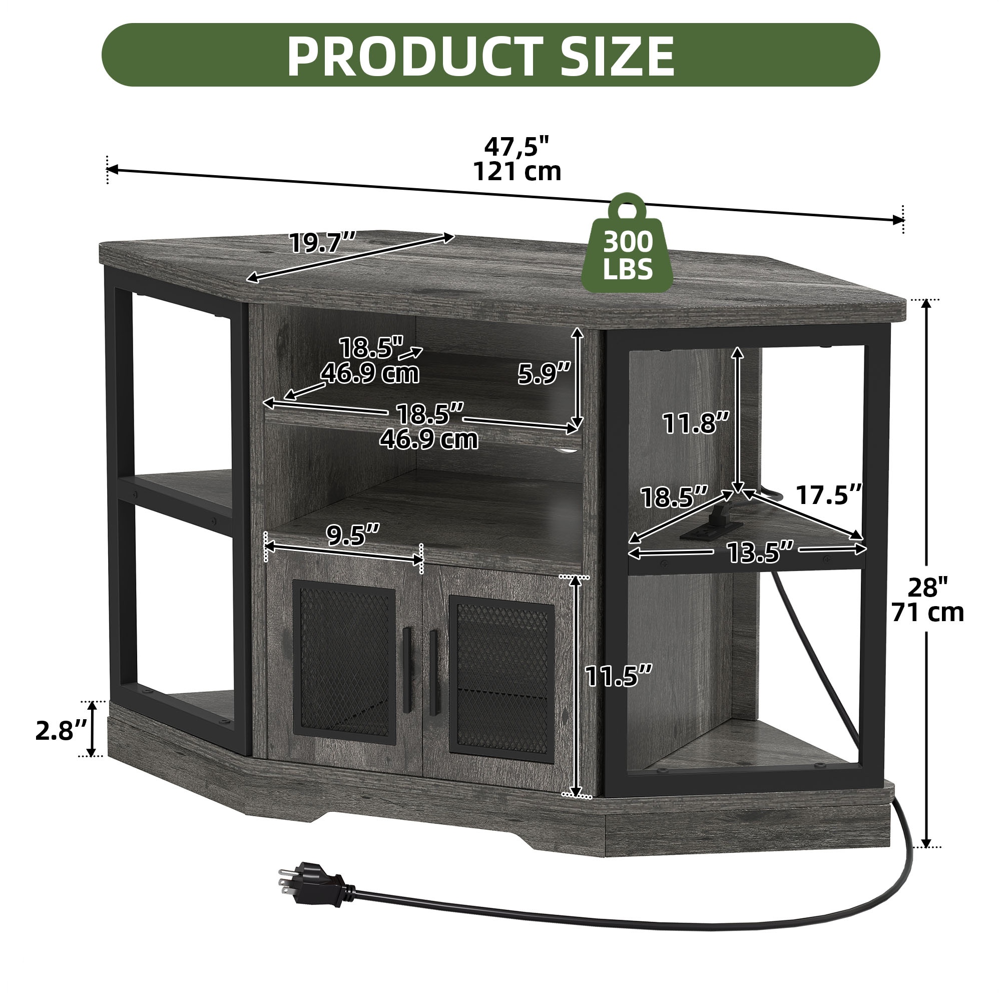Uforic Corner 55" TV Stand with Power Outlet, Gray photo 3