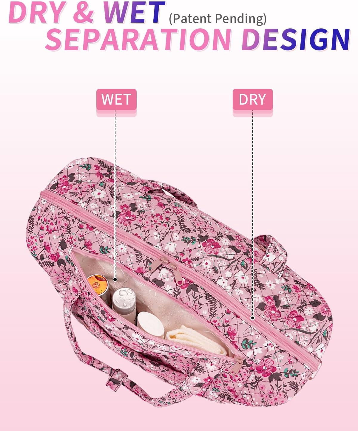 WANDF Travel Duffel Bags with Shoe Bag,Airline Approved Personal Item Bag for Women with Wet Pocket,Trolley Sleeve,Quilted Overnight Weekender Bag for Camping Gym Beach(Pink,Flower)