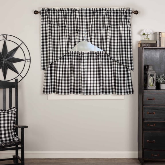 VHC Brands Annie Buffalo Check 4 PC Country Black Curtain Set (2 Prairie Swag 36x18 and 2 Tier 24x36)