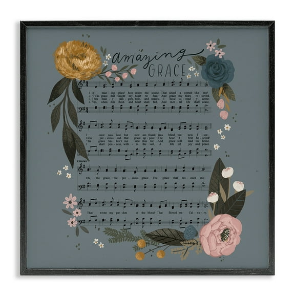 Stupell Industries Amazing Grace Floral Hymn Religious & Spiritual Painting Black Framed Art Print Wall Art, 12 x 12