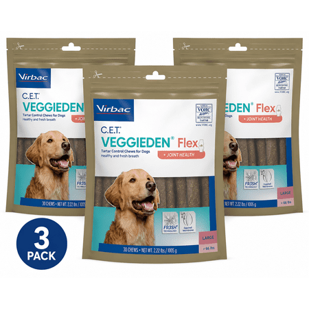 Virbac C.E.T. VeggieDent Flex + Joint Health for Large Dogs Over 66lbs, 90 chews (3 Pack)