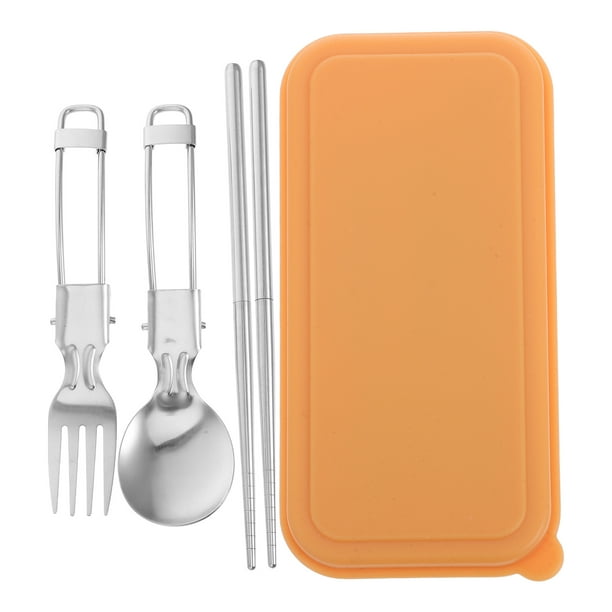 juego de utensilios de viaje con estuche, cuchara, tenedor y palillos plegables, juego de cuchara y tenedor de acero inoxidable portátil, utensilios reutilizables para acampar, senderismo y mochileros