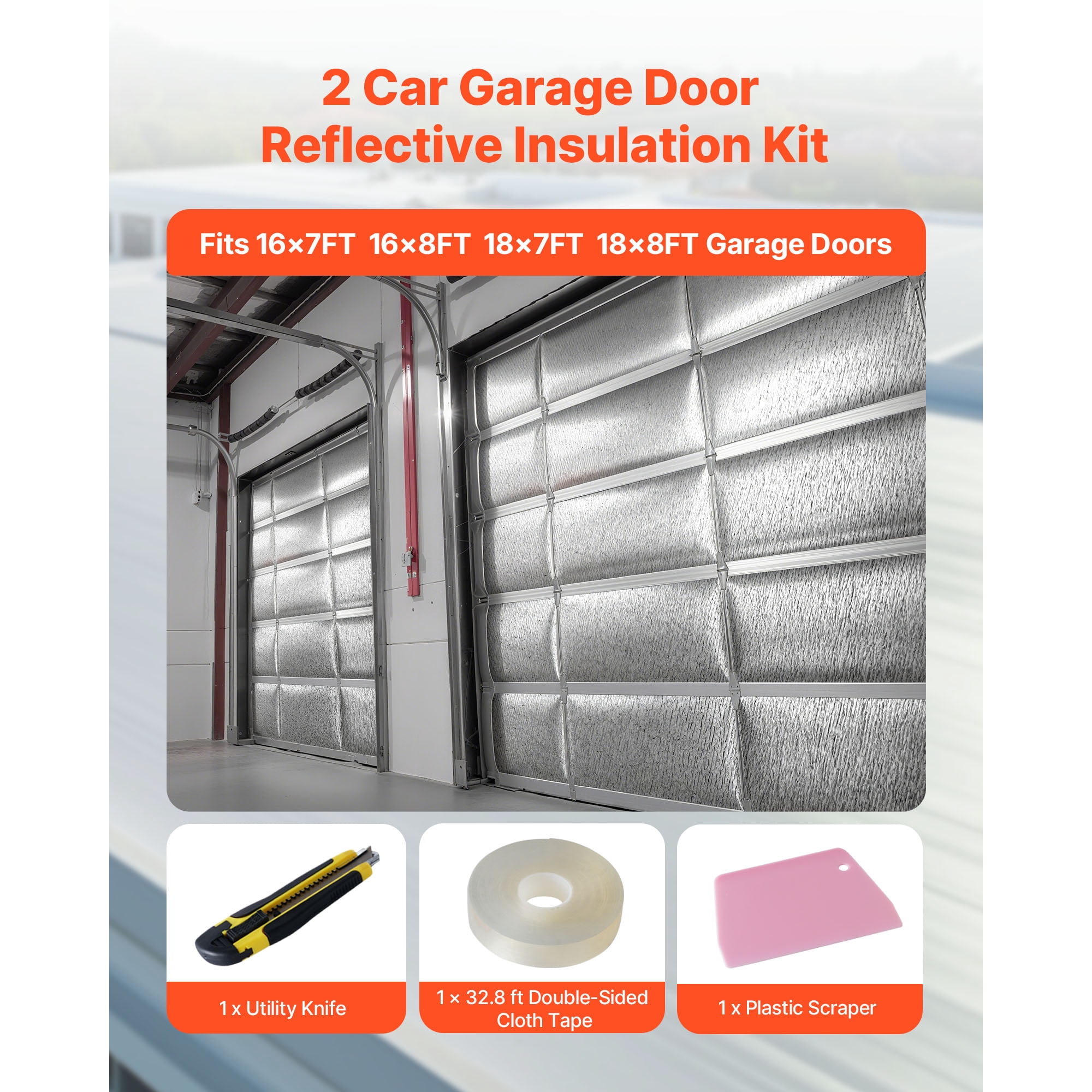 KFFKFF Reflective Insulation Roll, 2-Car Garage Door Thermal Kit, 6mm 24 in x 18 ft, 4 Rolls Aluminum Foil with EPE Foam Core, White PE Film Heat Barrier for Garage Doors
