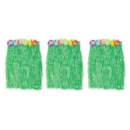 1 X Kid's Flowered Green Luau Hula Skirts (3 Pcs) w/Floral