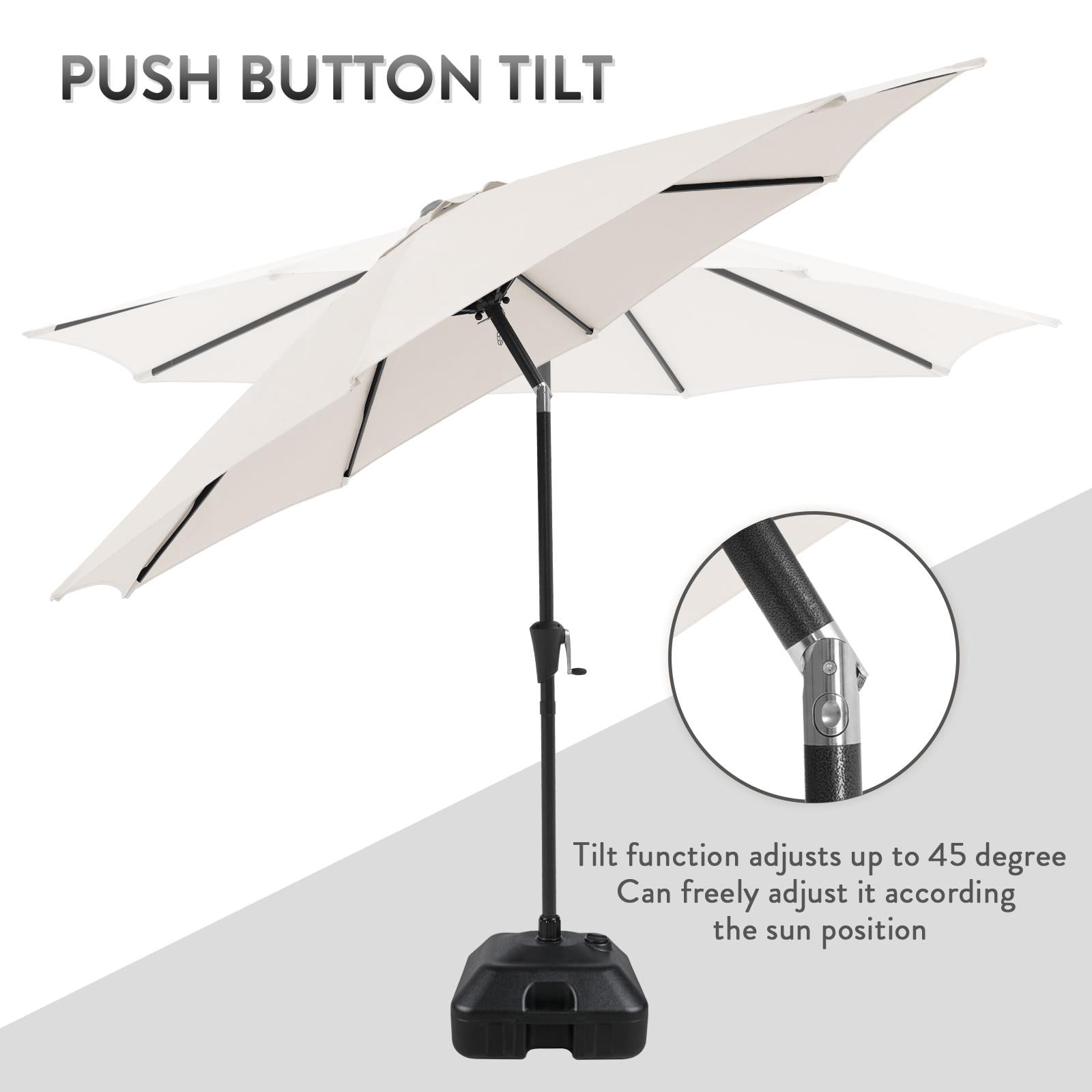 Patio Umbrella with Patio Market Umbrella Base, 9-Feet Outdoor Table Market Umbrella with Water/Sand Self-Filled Base, Push Button Tilt/Crank, 8 Ribs, Cream White