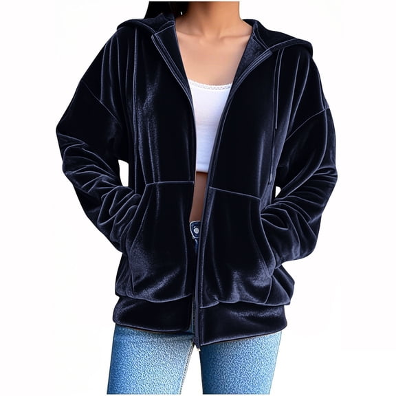 DAFPZW Velvet Hooded Sweatshirt for Women Long Sleeve Full Zipper Outerwear Soft Warm Velour Jacket with Pockets