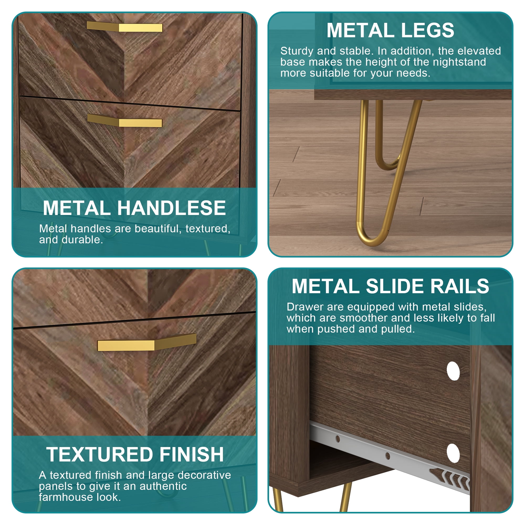 Finihen 24" Tall Nightstand with 2 Drawers, End Table Dual Night Stand with Metal Legs and LED Lights for Bedroom Living Room, Brown