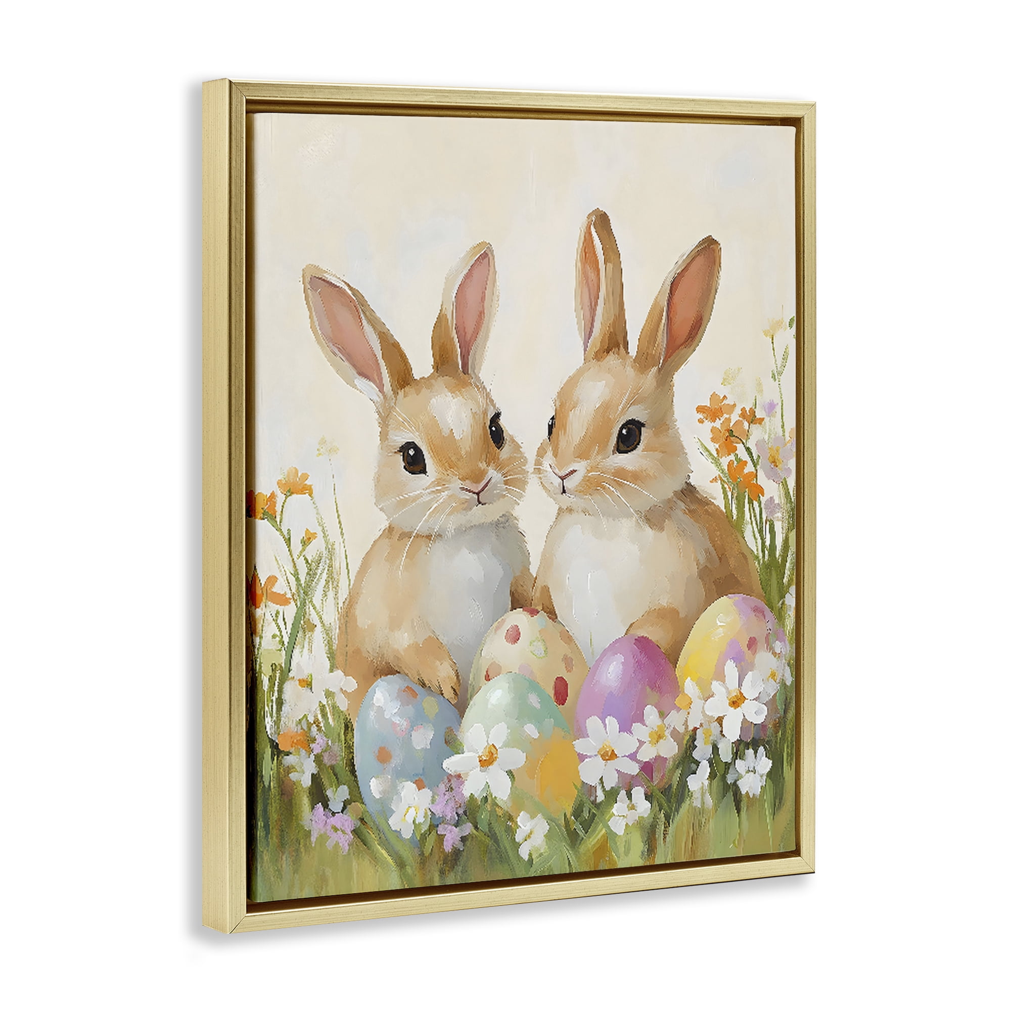 Bunnies with Painted Easter Eggs Gold Floating Frame Canvas Art, 17 x 21 - By The Prints Vibe