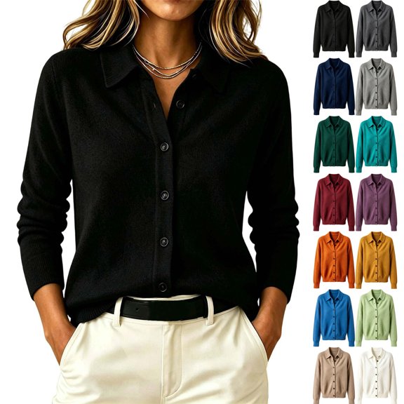 Sweater Jacket for Women Button Down Collar Knit Shirt Long Sleeve Soft Solid Color Casual Work Office Knit Blouse