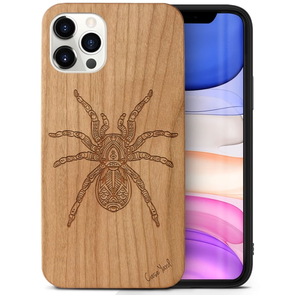 Case Yard Wooden Case Outside Soft TPU Silicone, Slim Fit Shockproof Wood Protective Phone Cover for Girls Boys Men and Women, Supports Wireless Charging Tarantula Design case for iPhone-11-Pro