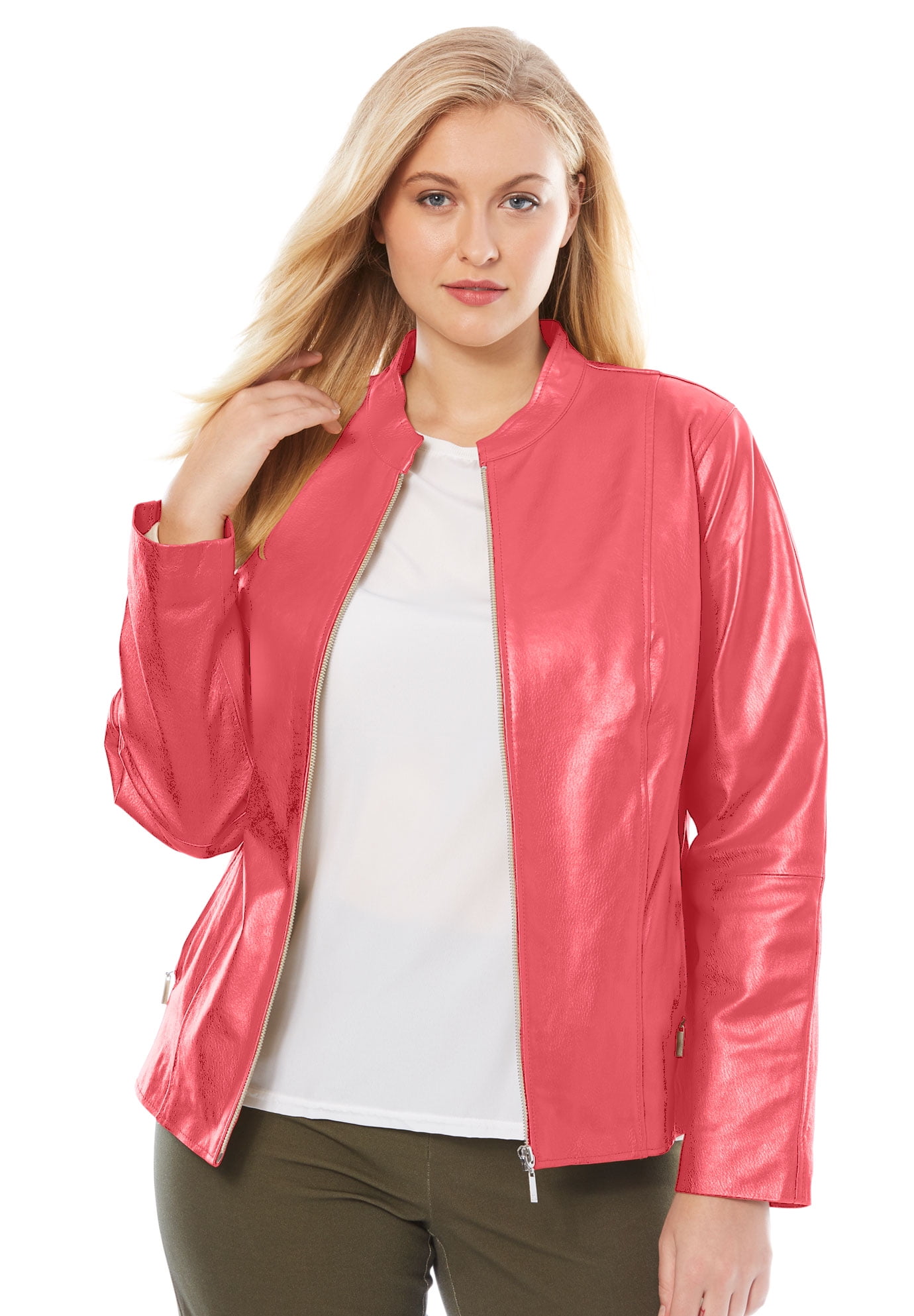 Jessica London Womens Plus Size Zip Front Leather Jacket