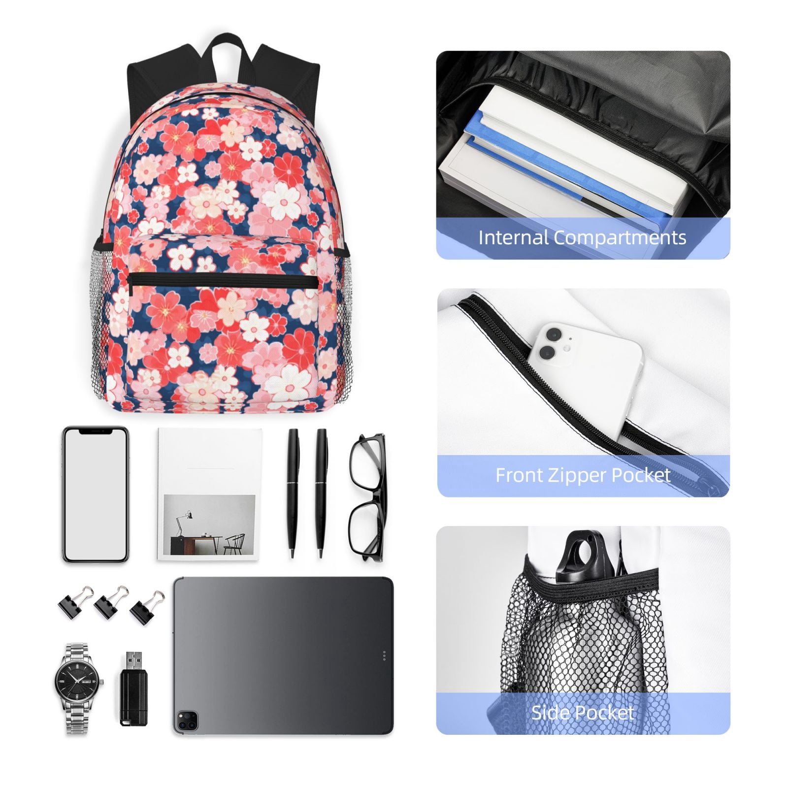 Gukieu Japanese Cherry Blossoms Print Backpack, Waterproof Backpack with Adjustable Shoulder Straps, Suitable for Campus, Business, Travel, Unisex
