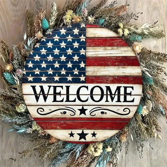 American Flag Welcome Round Aluminum Sign - Rustic Farmhouse Distressed Imitation Wooden Plank Patriotic Wall Decor, 1pc, 8" Wall Art Metal Sign, For Porch, Room, Home, Ideal Gifts, Weather, 2D Flat