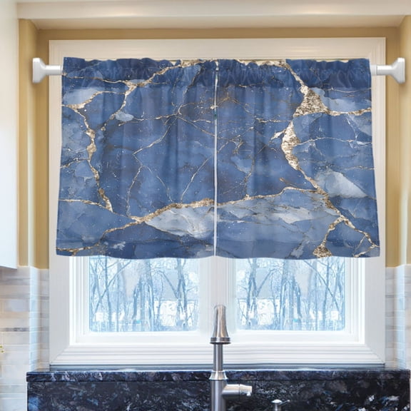Ryvnso Marble Blue Half Curtains Sets Tier 2 Panels Short Curtain Rod Pocket 27"W x 24"L