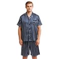 thumbnail image 2 of Men's Short Sleeve Satin Pajama Set with Shorts (Large, Navy and Beige Striped), 2 of 4