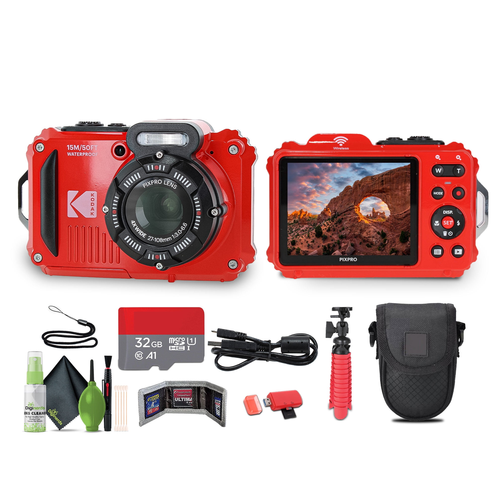 KODAK PIXPRO WPZ2 Rugged Waterproof Shockproof Dustproof WiFi Digital Vlogging Camera 16MP (Red) Bundle With 32GB Memory Card + Vlogger Tripod + Bag + Cleaning Kit + More Accessories