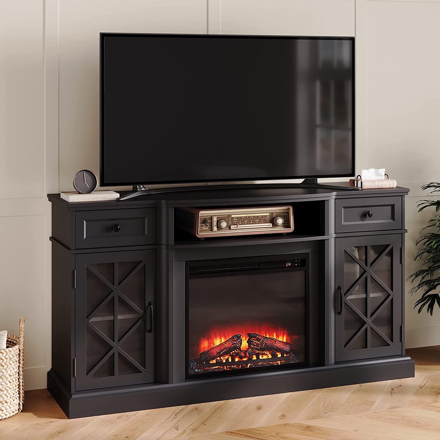 LINSY HOME Modern Farmhouse Electric Fireplace TV Stand for TVs up to