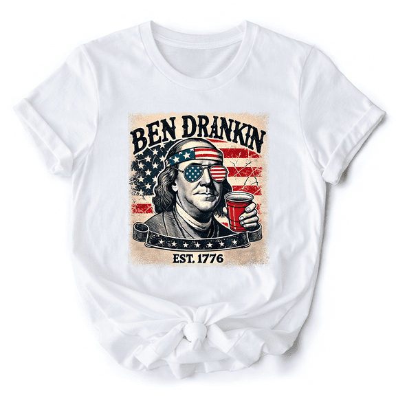 Ben Drankin Funny 4th of July T-Shirt, White, Navy and Black Patriotic Tee With Benjamin Franklin