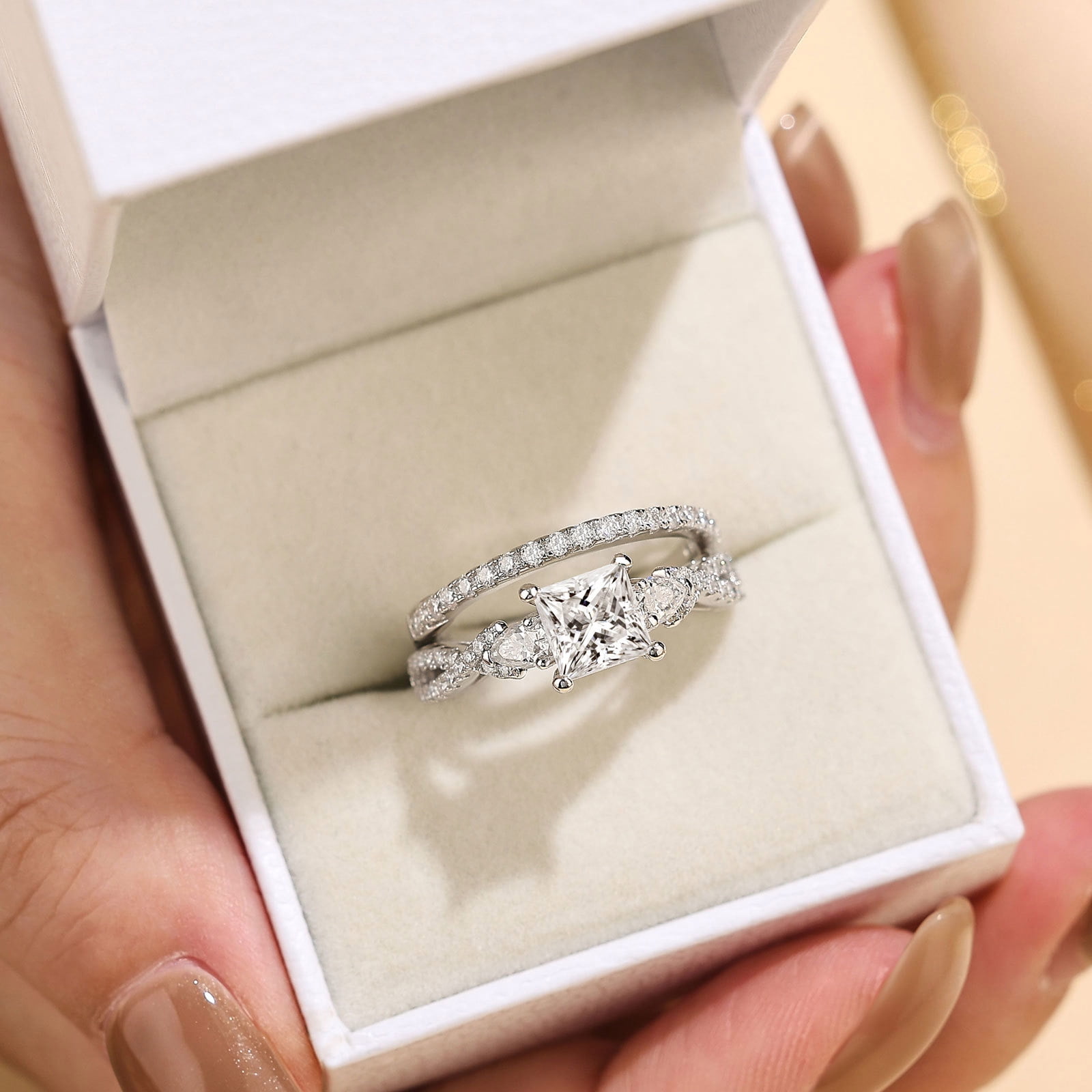 Newshe 1.7ct Princess Pear Wedding Rings for Women White AAAAA Cz Engagement Bridal Ring Set Size 6