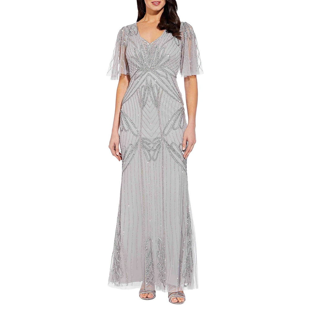 adrianna papell silver beaded gown
