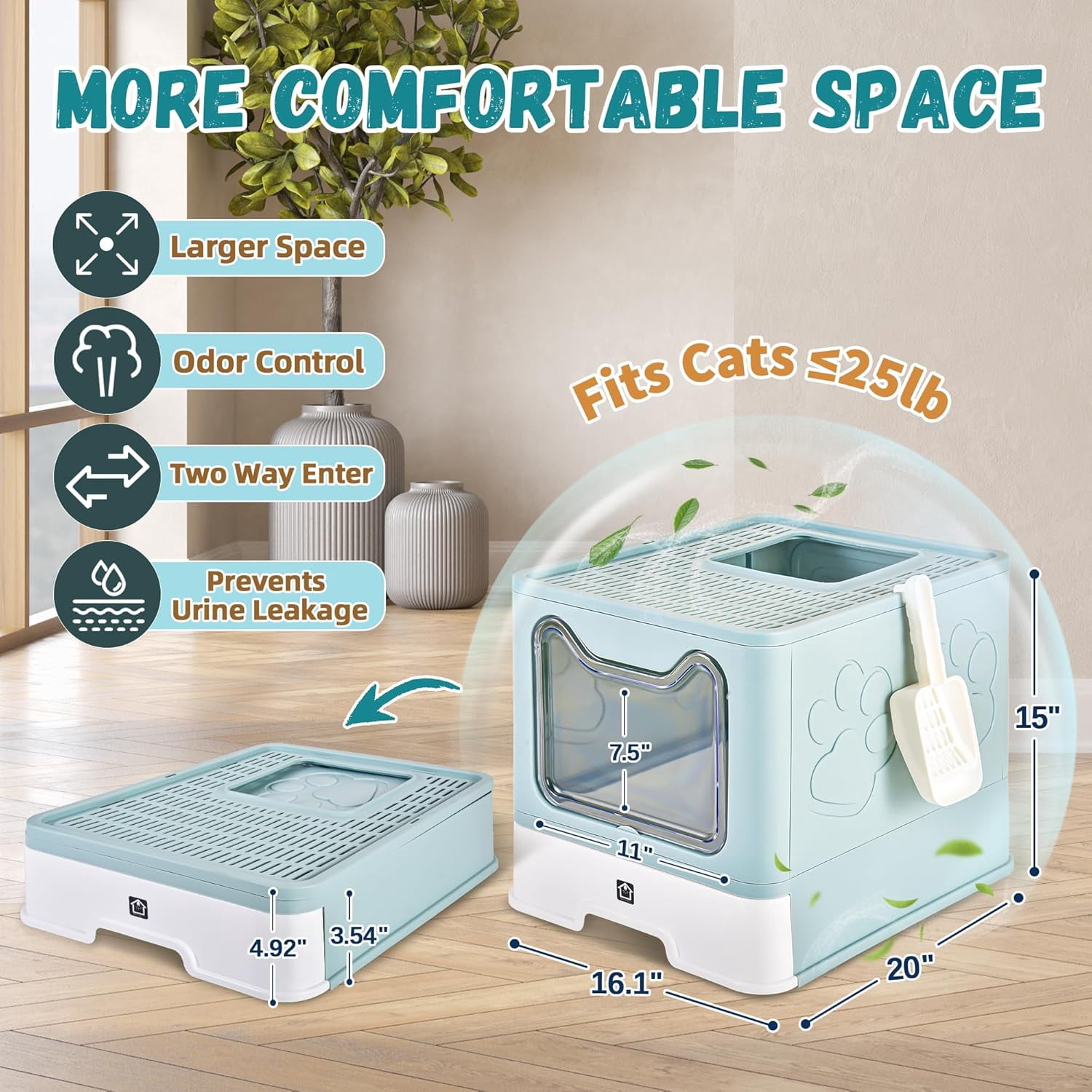 Enclosed Cat Litter Box with Lid Foldable Potty,Drawer Type Extra Large Cover Litter Box with Mat, Kitty Free in and Out/One-Way,Odor Control Anti-Splashing Easy Cleaning (Blue)