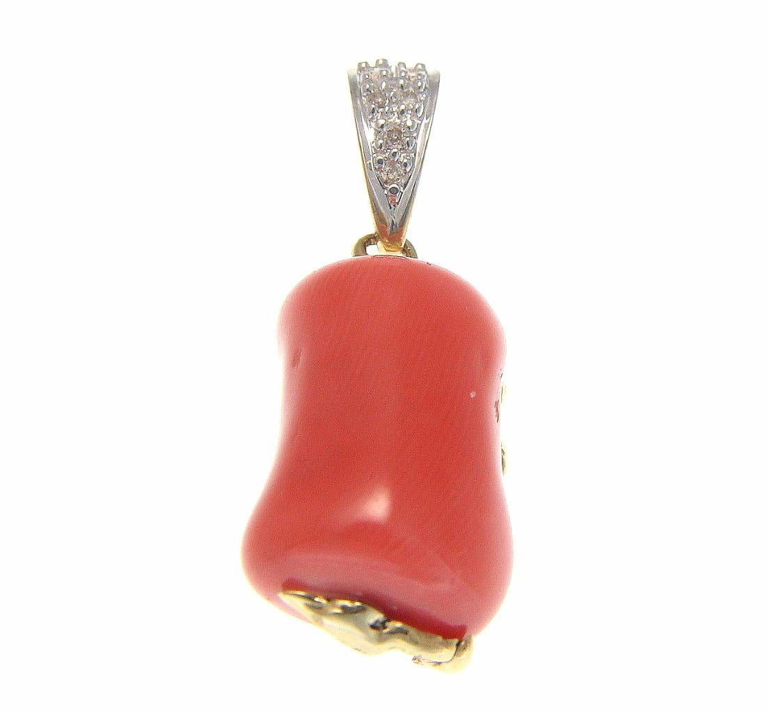 Genuine natural pink coral diamond pendant 14k yellow gold 10.90mm by