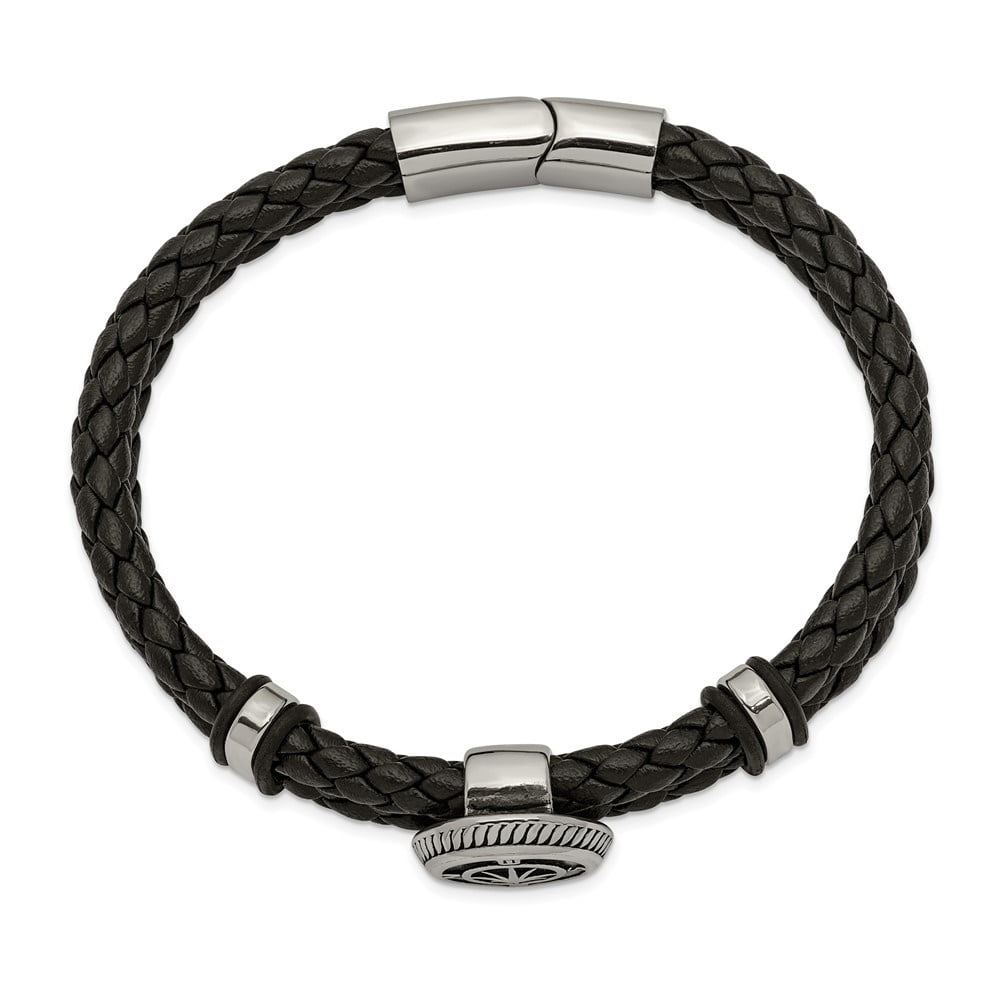 Diamond2Deal Stainless Steel Antiqued and Polished Compass Braided Black Leather Bracelet for Men 8"
