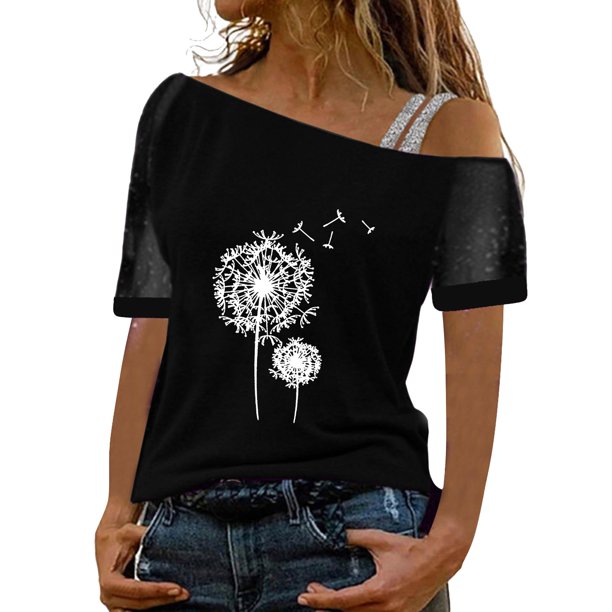 Gibobby Casual Playera de Manga Corta para Mujer Mujeres Impreso Hombro Tops Sexy Glitter Camisa manga corta Blusa Tops(Negro,CH)