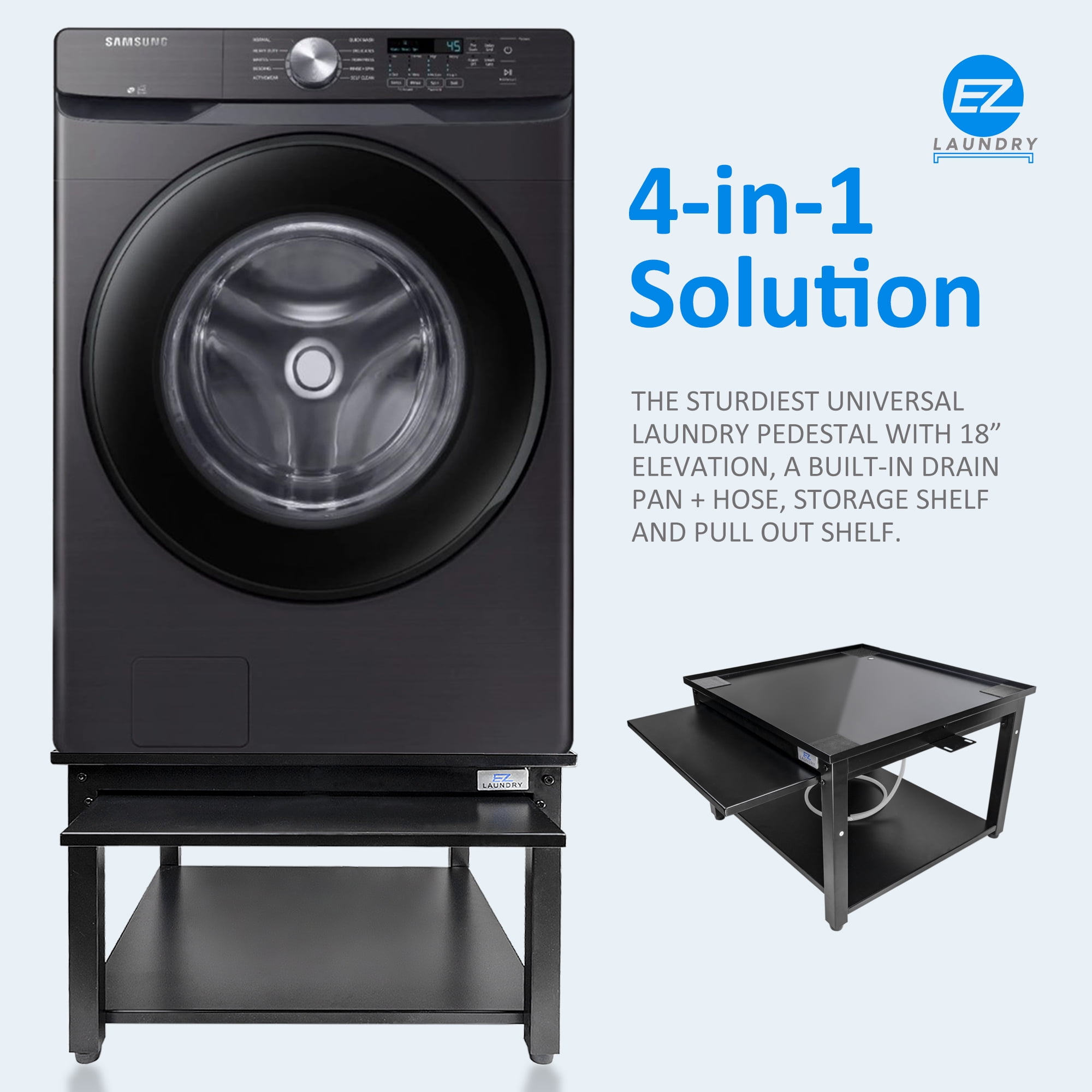 EZ Laundry Pedestal Compact 24" x 18" Washer Dryer Riser with Pull-Out Storage Shelf Black