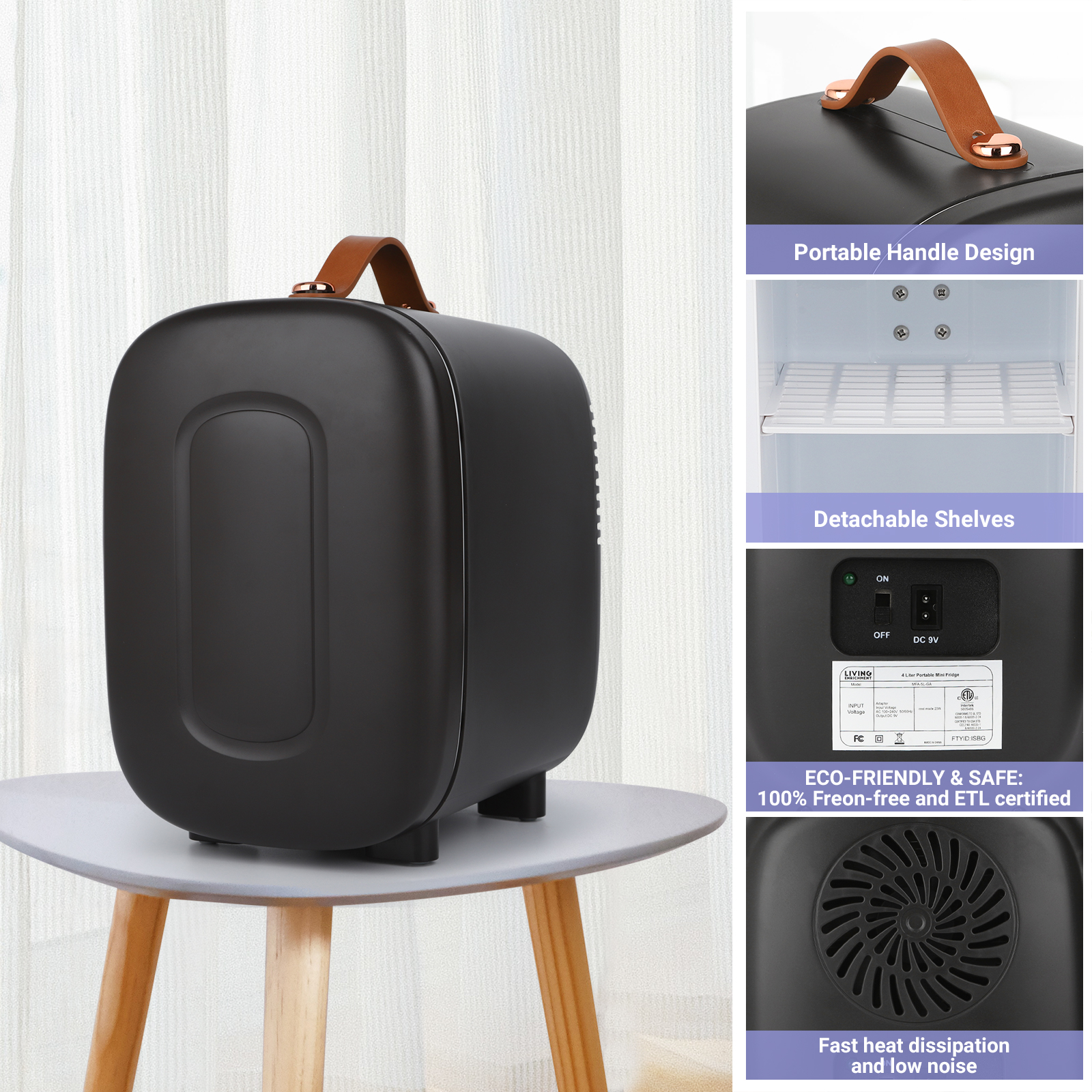 Living Enrichment Mini Fridge 4 Liter Skincare Fridge, Cooler and Portable Small Refrigerator, AC DC Powered, Black