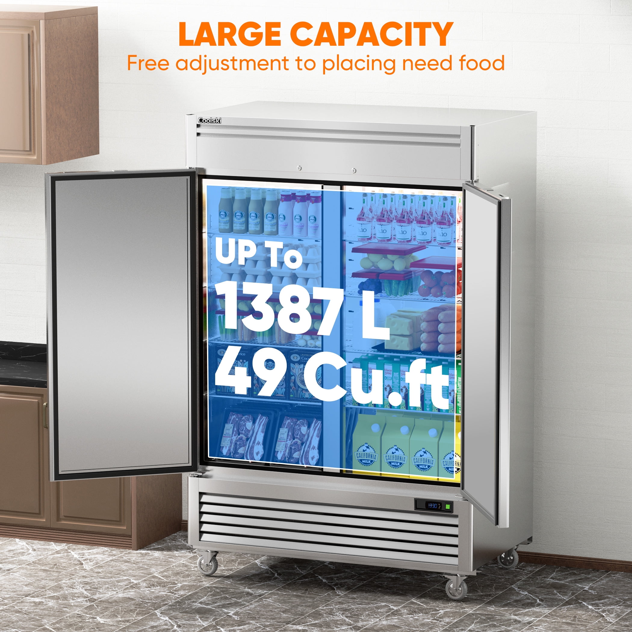 Coolski 49 Cu.ft Commercial Refrigerator, 2-Door Stainless Steel Reach-In Fridge