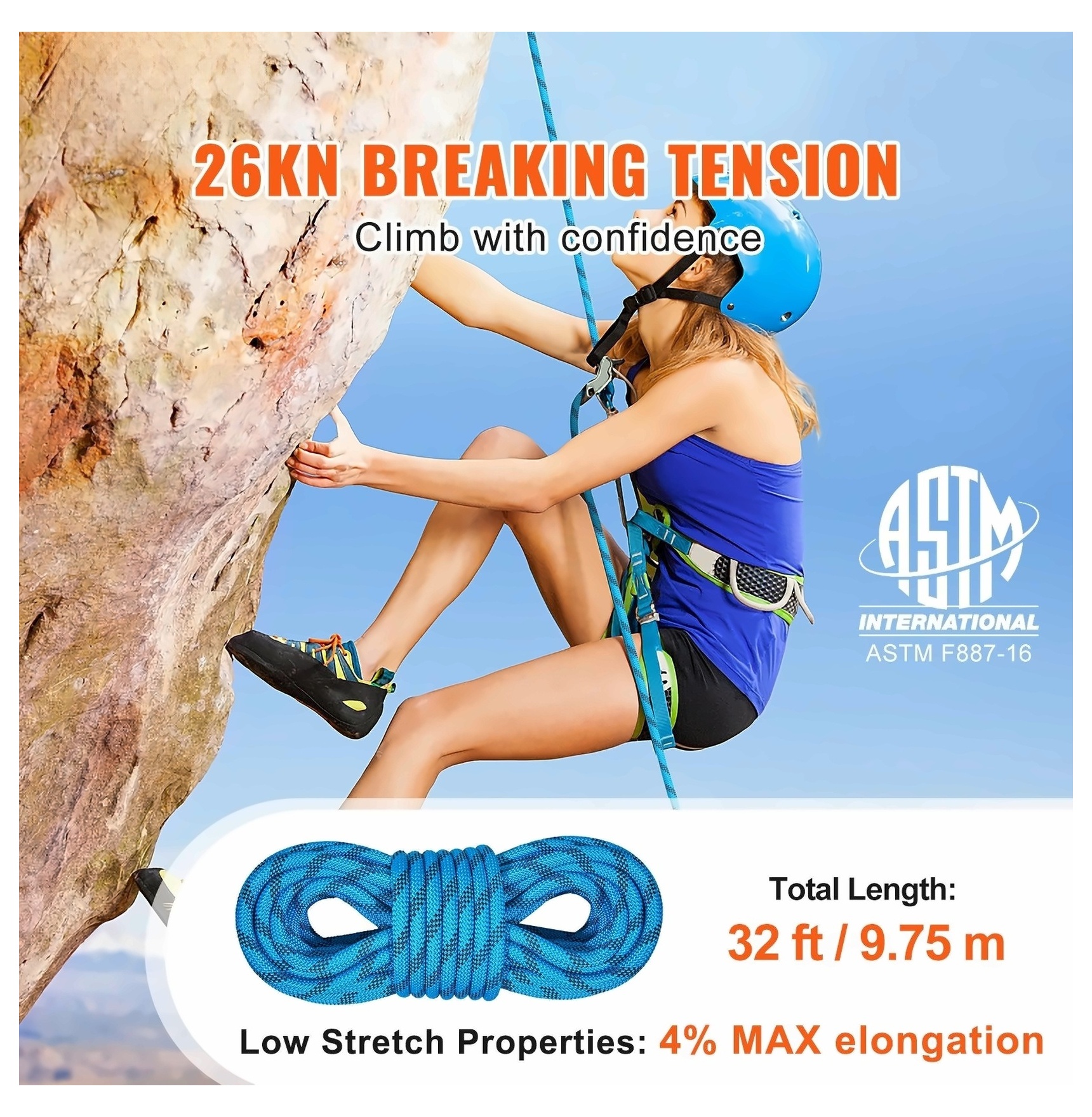 Static Climbing Rope 32ft, 10mm Rock Climbing Rope 26KN, Safety Rope with Carabiners & Bag