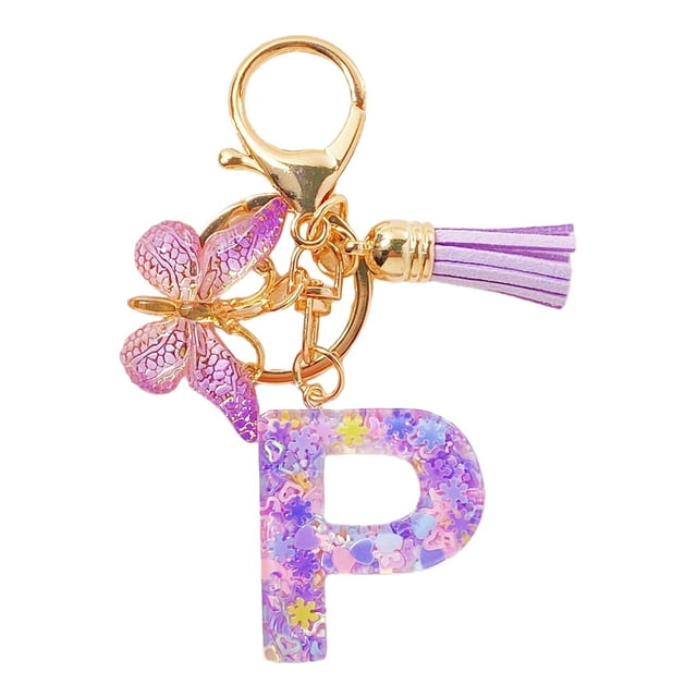Initial Letter Keychains For Women Tassel Purple Cute Car Keychain For Wallet Backpack Bag