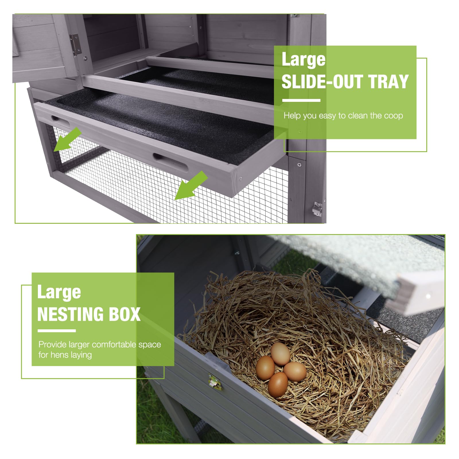 BUTINGLALE Outdoor Mobile Chicken Coop with Wheels Hen House with Nesting Box Wooden Bunny Cage Large Duck House with Run UV Roof Rabbit Hutch(Grey)