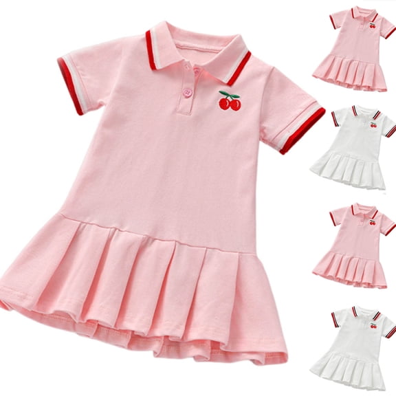 SGFCWSX Girls Polo Dress Short Sleeve Cherry Embroidery Pleated Hem Summer Casual School Playwear Party Dress Pink Size 5-6 Years