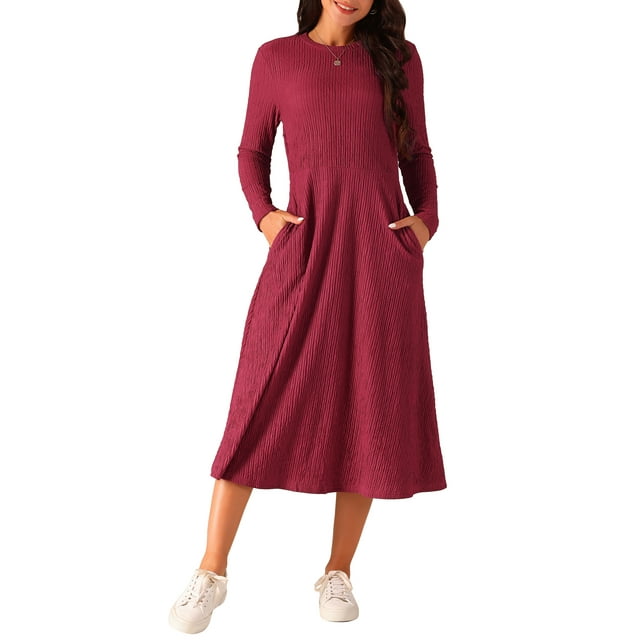 INSPIRE CHIC Vestidos de Otoño para Mujeres, Manga Larga, Cuello Redondo, Tejido A-Line, Vestido Midi Casual XL Color Rojo Vino