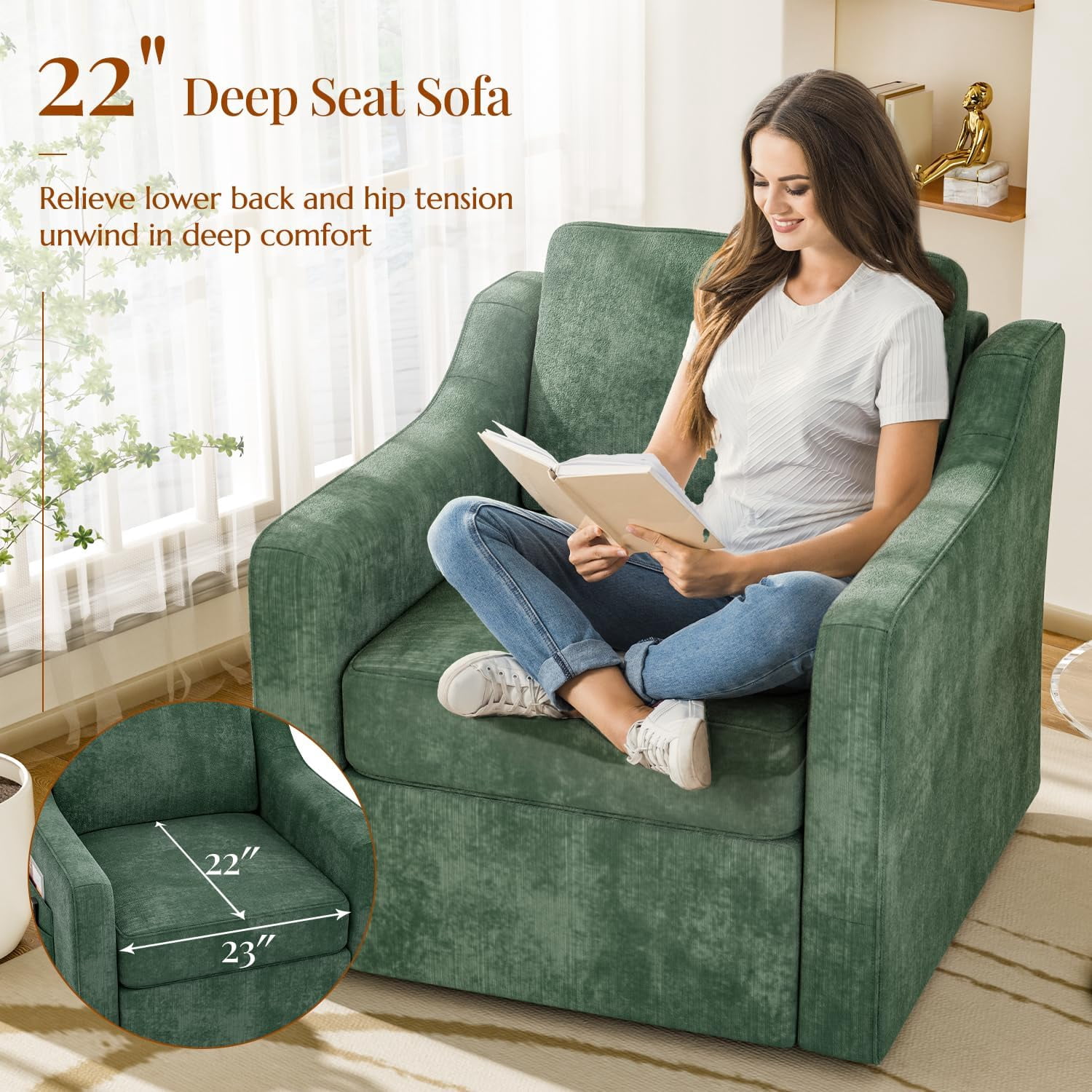 ZBOM 360° Swivel Modern Accent Chair Set of 2, Large Comfy Reading Chairs, Accent Square Single-seat Armchair Upholstered Sofa for Reading, Living Room, Bedroom, Green