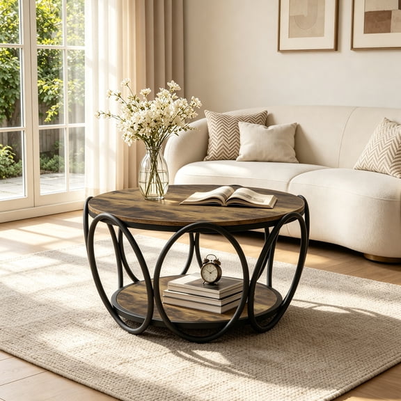 2-Tier Circle Coffee Table for Living Room, 31.5" Mid Century Modern Coffee Table Round Center Table with Storage and Cross Metal Frame for Apartment, Small Space (Brown)