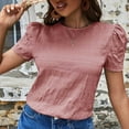 thumbnail image 2 of EQWLJWE Hauts d'Été pour Femmes Hauts pour Femmes Liquidation Mode pour Femmes à Carreaux Col Rond Couleur Unie Manches Bouffantes Manches Courtes Hauts, 2 of 6