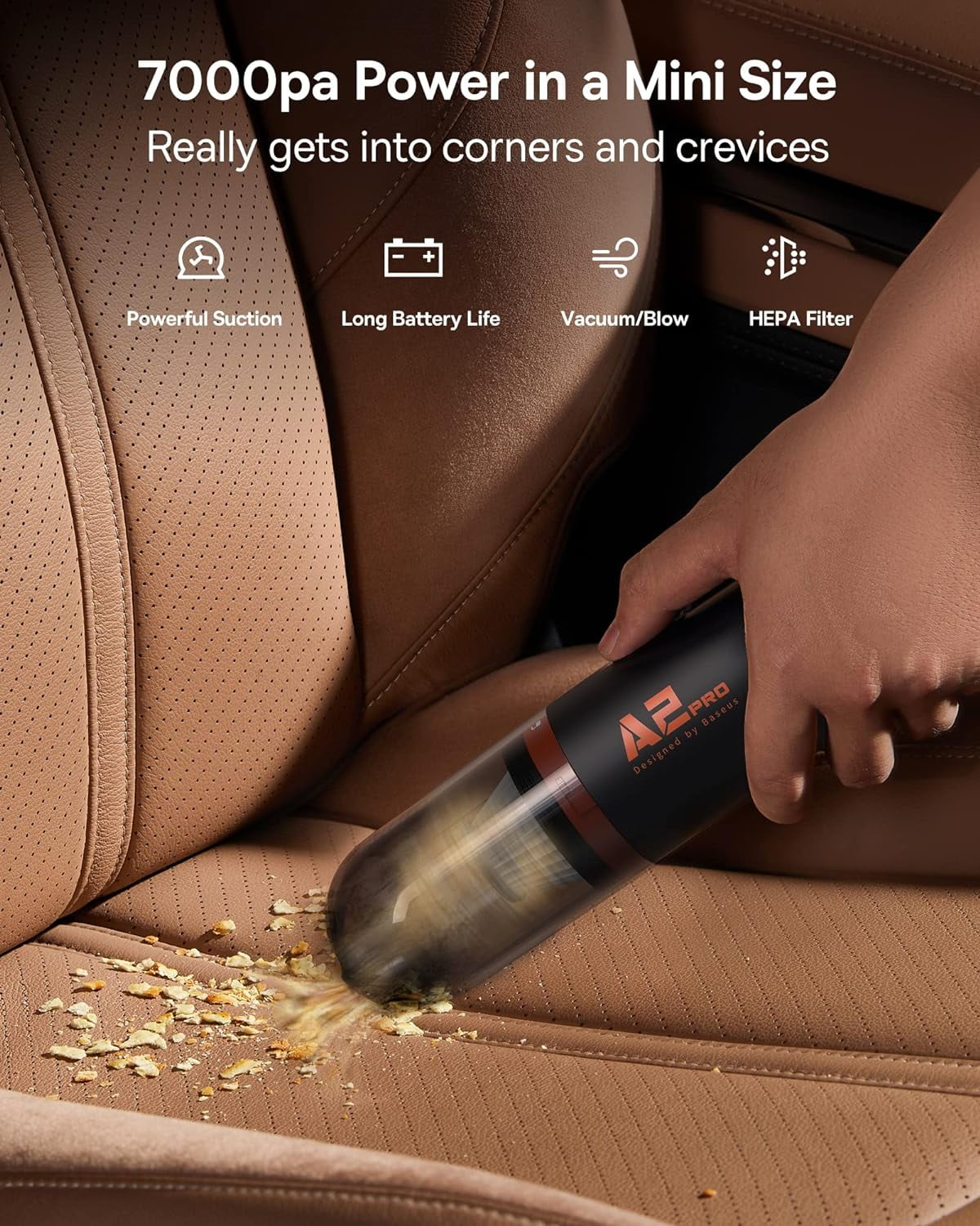 Baseus Handheld Vacuum Cleaner, Car Vacuum Cordless Rechargeable with Ultra Low Noise and 3H Type-C Fast Charging, Mini Portable Hand Held Vacuum Small Dust Buster for Dog Hair,Keyboard,Car