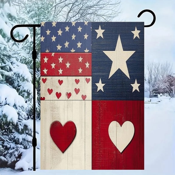 RKSupls Patriotic Linen Double Sided Garden Flag, Independence Day Themed Yard Decor, Patriotic Hearts Stars Collage Outdoor Banner for Holiday Lawn