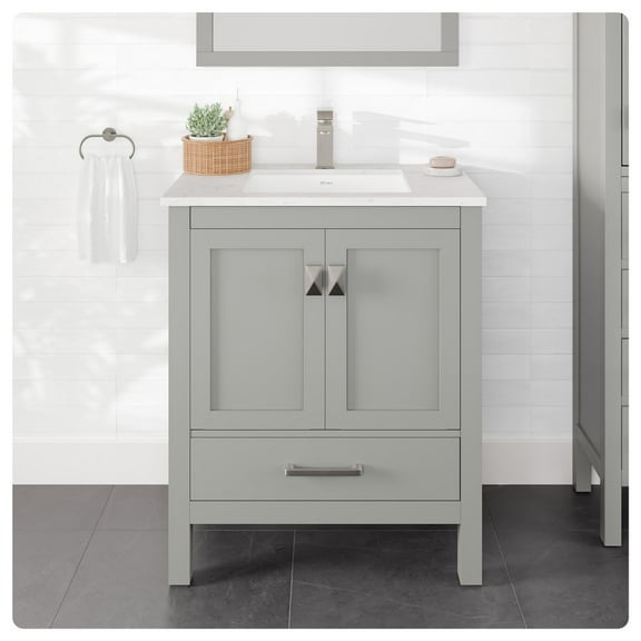 Eviva London 30"W x 18"D Gray Bathroom Vanity with White Carrara Quartz Countertop and Undermount Porcelain Sink