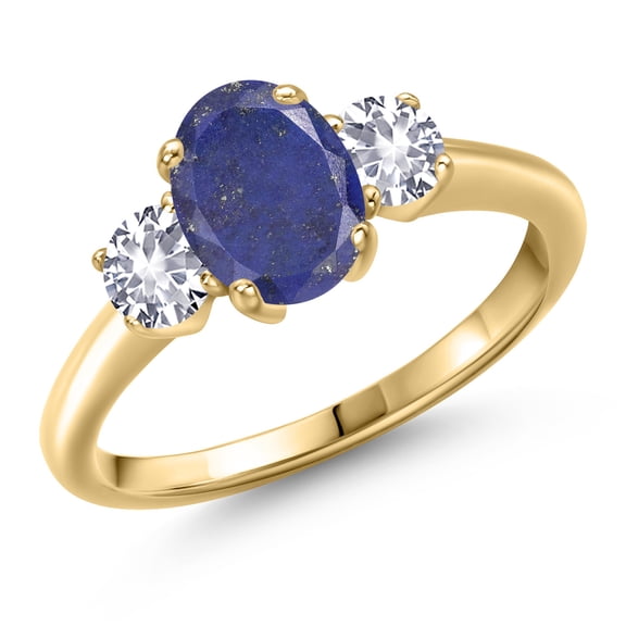 Gem Stone King 10K Yellow Gold Blue Lapis and White Created Sapphire Engagement Ring for Women | 1.90 Cttw | Oval 8X6MM | Gemstone Birthstone | Size 8