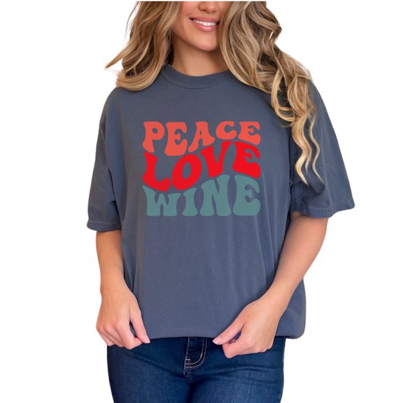 Peace, Love, Wine, Drinking Themed Quote, Groovy Retro Wavy Text, Denim Comfort Colors T-Shirt, Small