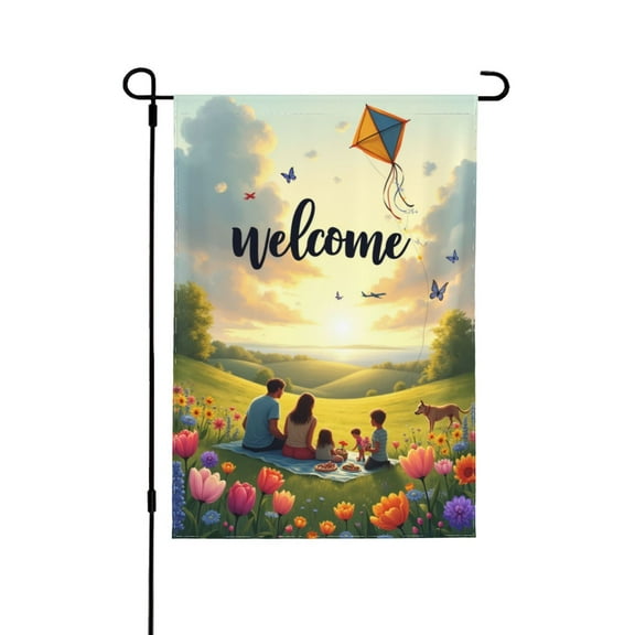 Welcome Family Sunset Garden Flag 12x18 Inch Double Sided Outdoor Yard Decoration, Spring Summer Floral Field Kite Butterflies Landscape Banner