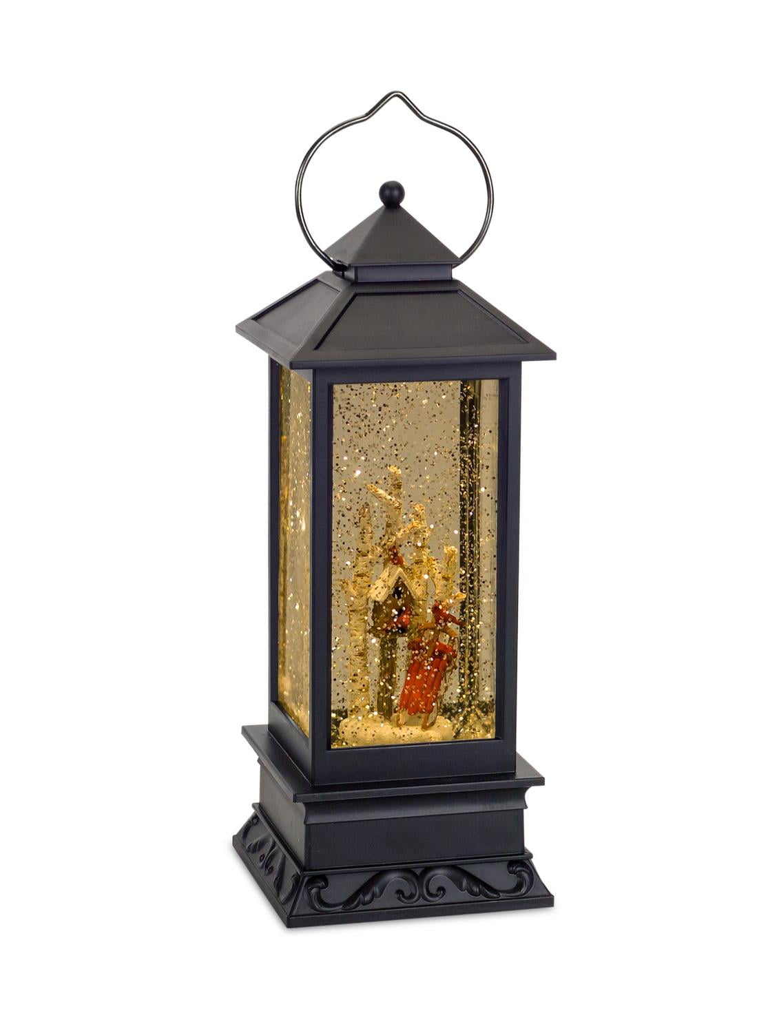 Set of 2 Matte Black Lantern Shaped Snow Globes with Birdhouse and Sled Inside 10.5" by Diva At Home